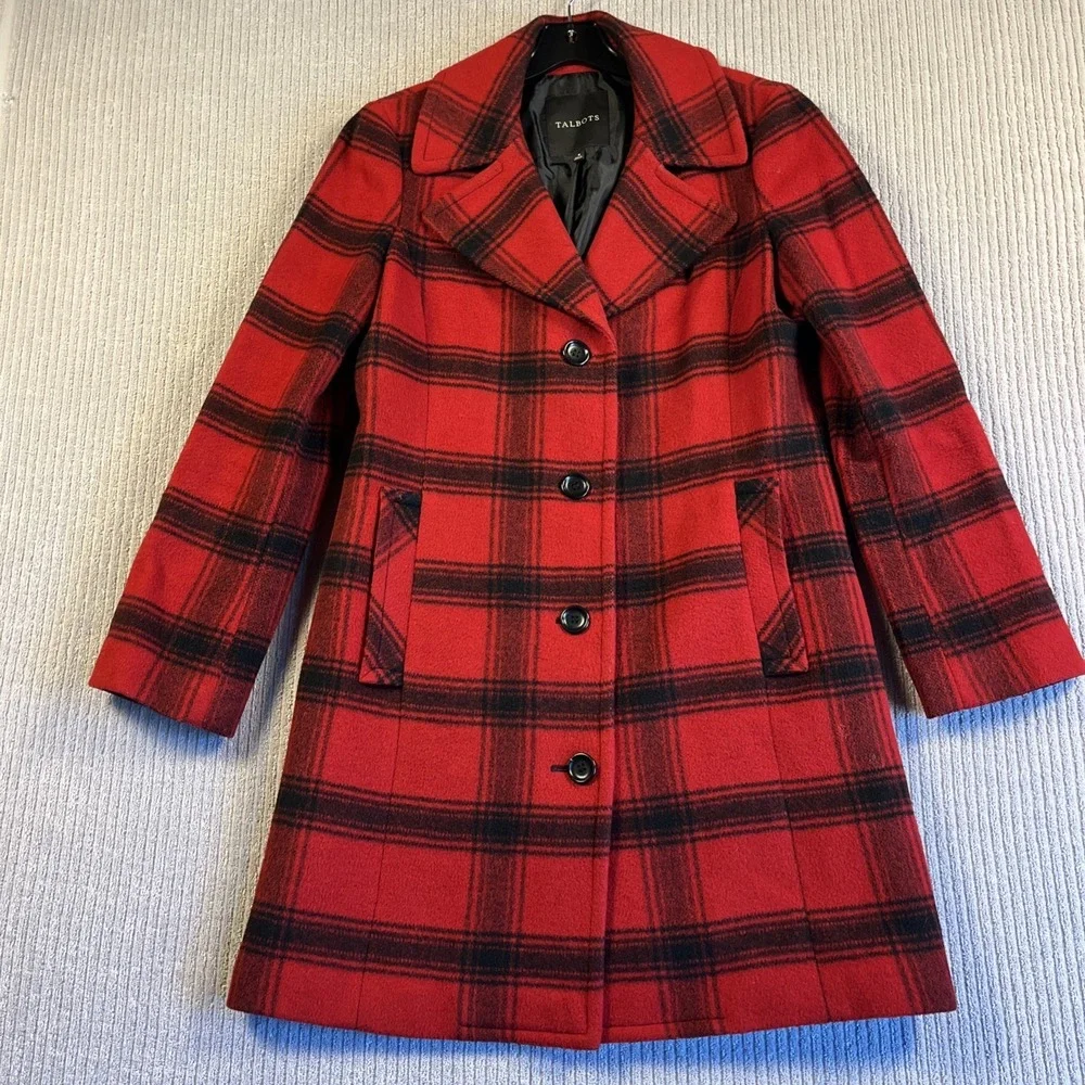Talbots Coat Women's 8 Red Plaid Mid Length Wool Nylon Blend Jacket M